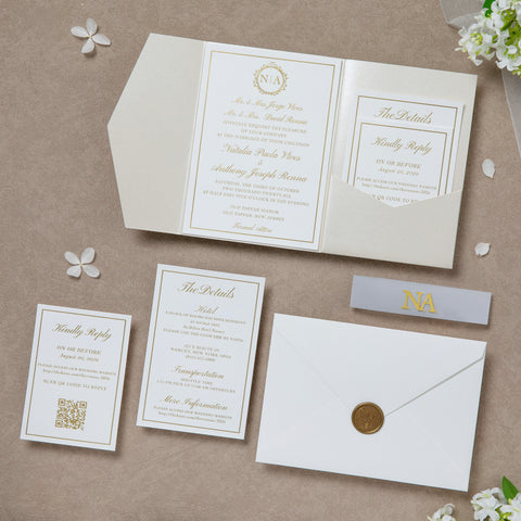 NingsPaper Ivory Shiny Pocket Print In Gold Wedding Invitation Suite