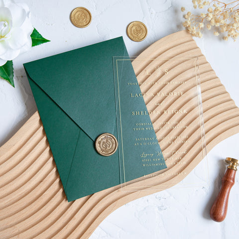 NingsPaper 1mm/0.04'' Foil Print in Gold Clear Acrylic Wedding Invitation Cards and Emerald Green Envelopes