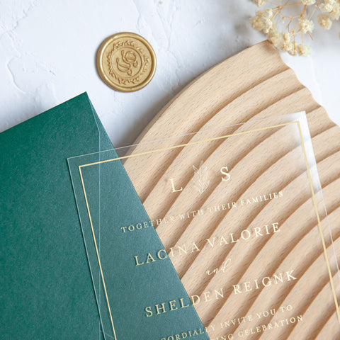 NingsPaper 1mm/0.04'' Foil Print in Gold Clear Acrylic Wedding Invitation Cards and Emerald Green Envelopes