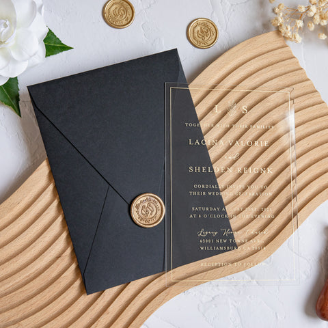 NingsPaper 1mm/0.04'' Foil Print in Gold Clear Acrylic Wedding Invitation Cards and Black Envelopes