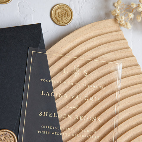NingsPaper 1mm/0.04'' Foil Print in Gold Clear Acrylic Wedding Invitation Cards and Black Envelopes