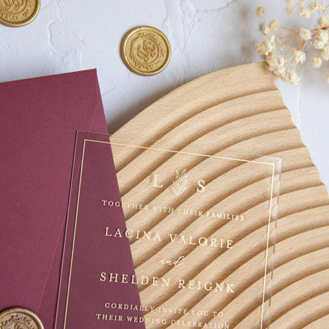NingsPaper 1mm/0.04'' Foil Print in Gold Clear Acrylic Wedding Invitation Cards and Burgundy Envelopes