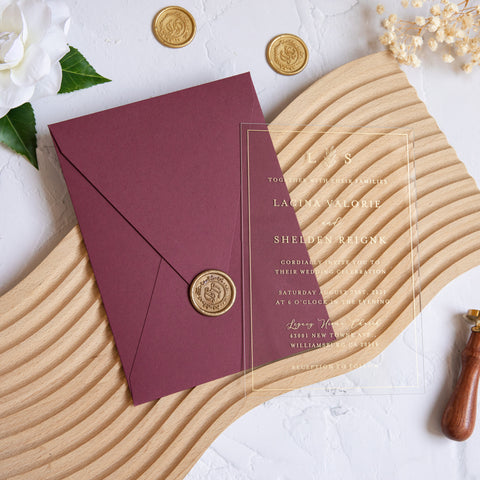 NingsPaper 1mm/0.04'' Foil Print in Gold Clear Acrylic Wedding Invitation Cards and Burgundy Envelopes