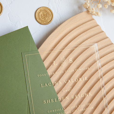 NingsPaper 1mm/0.04'' Foil Print in Gold Clear Acrylic Wedding Invitation Cards and Olive Green Envelopes
