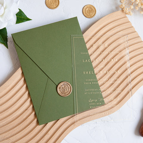 NingsPaper 1mm/0.04'' Foil Print in Gold Clear Acrylic Wedding Invitation Cards and Olive Green Envelopes