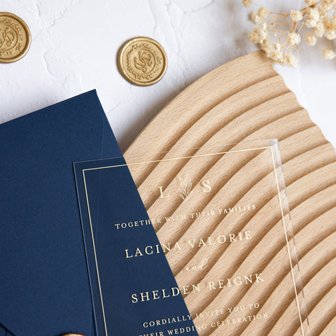 NingsPaper 1mm/0.04'' Foil Print in Gold Clear Acrylic Wedding Invitation Cards and Navy Blue Envelopes