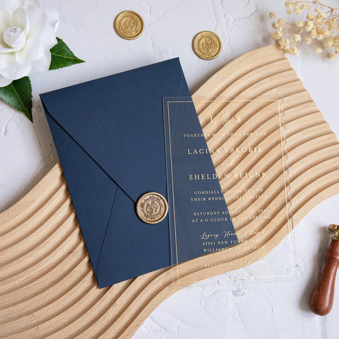 NingsPaper 1mm/0.04'' Foil Print in Gold Clear Acrylic Wedding Invitation Cards and Navy Blue Envelopes