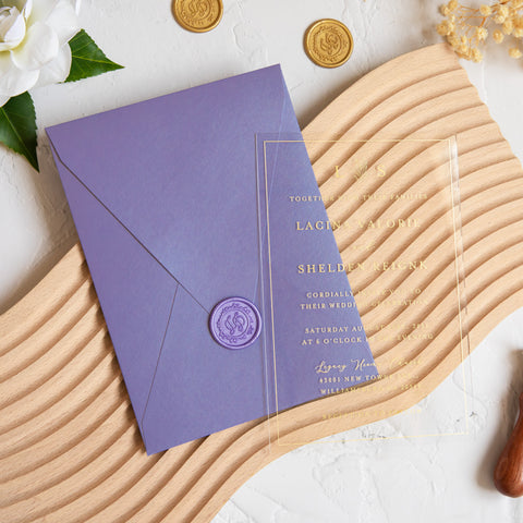 NingsPaper 1mm/0.04'' Foil Print in Gold Clear Acrylic Wedding Invitation Cards and Lilac Envelopes