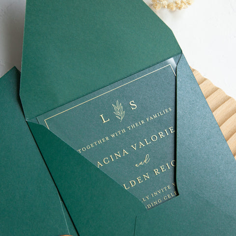 NingsPaper 1mm/0.04'' Foil Print in Gold Clear Acrylic Wedding Invitation Cards and Emerald Green Envelopes