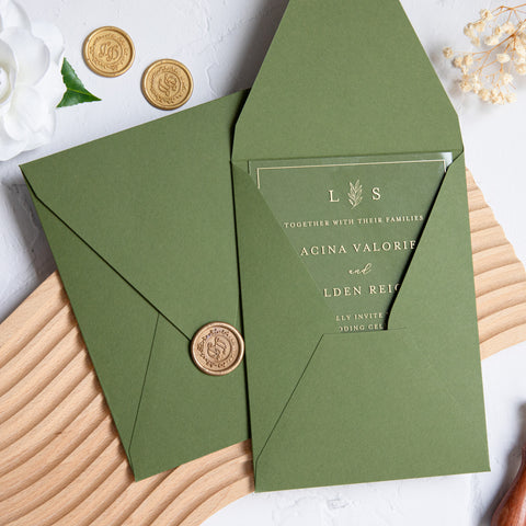 NingsPaper 1mm/0.04'' Foil Print in Gold Clear Acrylic Wedding Invitation Cards and Olive Green Envelopes