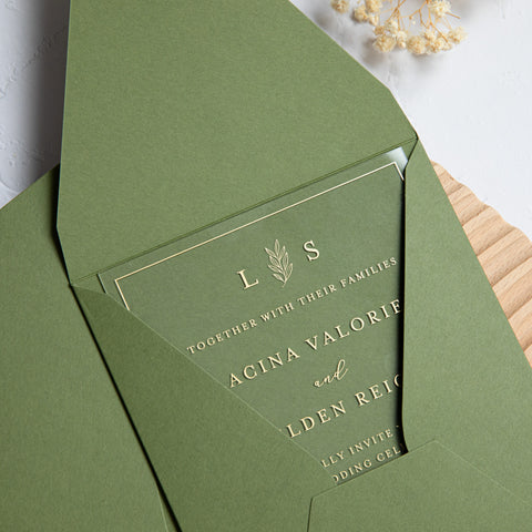 NingsPaper 1mm/0.04'' Foil Print in Gold Clear Acrylic Wedding Invitation Cards and Olive Green Envelopes