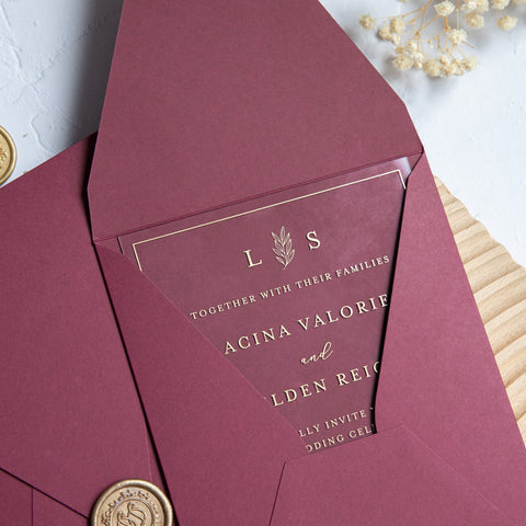 NingsPaper 1mm/0.04'' Foil Print in Gold Clear Acrylic Wedding Invitation Cards and Burgundy Envelopes