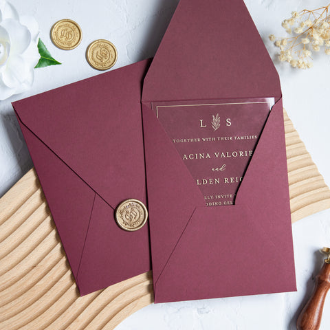NingsPaper 1mm/0.04'' Foil Print in Gold Clear Acrylic Wedding Invitation Cards and Burgundy Envelopes