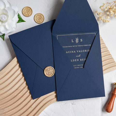 NingsPaper 1mm/0.04'' Foil Print in Gold Clear Acrylic Wedding Invitation Cards and Navy Blue Envelopes