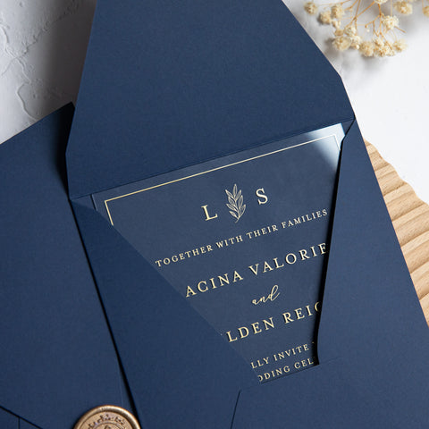 NingsPaper 1mm/0.04'' Foil Print in Gold Clear Acrylic Wedding Invitation Cards and Navy Blue Envelopes