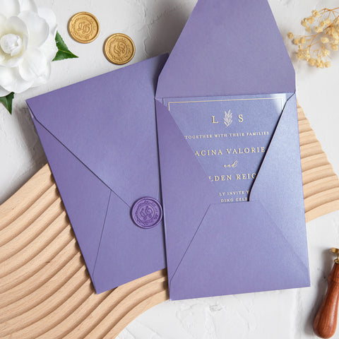 NingsPaper 1mm/0.04'' Foil Print in Gold Clear Acrylic Wedding Invitation Cards and Lilac Envelopes