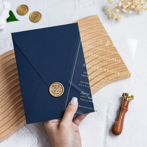NingsPaper 1mm/0.04'' Foil Print in Gold Clear Acrylic Wedding Invitation Cards and Navy Blue Envelopes