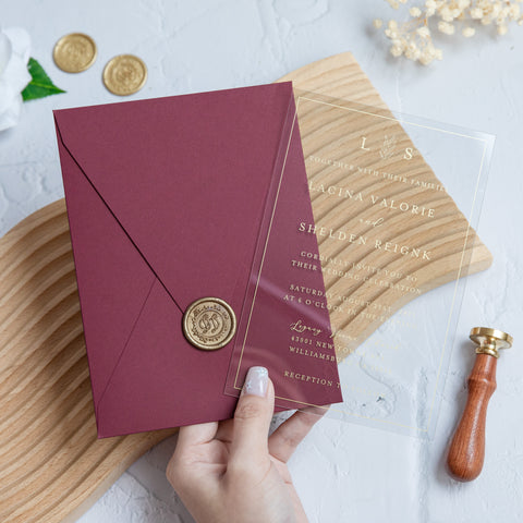 NingsPaper 1mm/0.04'' Foil Print in Gold Clear Acrylic Wedding Invitation Cards and Burgundy Envelopes