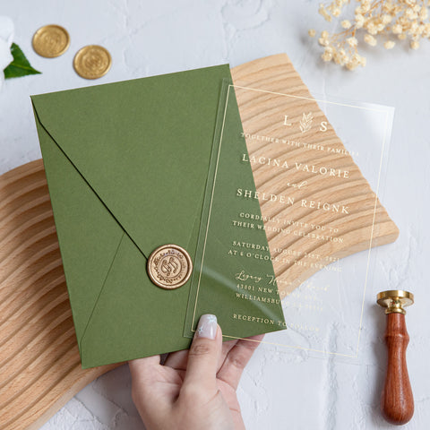 NingsPaper 1mm/0.04'' Foil Print in Gold Clear Acrylic Wedding Invitation Cards and Olive Green Envelopes