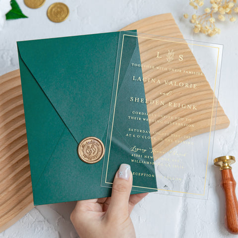 NingsPaper 1mm/0.04'' Foil Print in Gold Clear Acrylic Wedding Invitation Cards and Emerald Green Envelopes