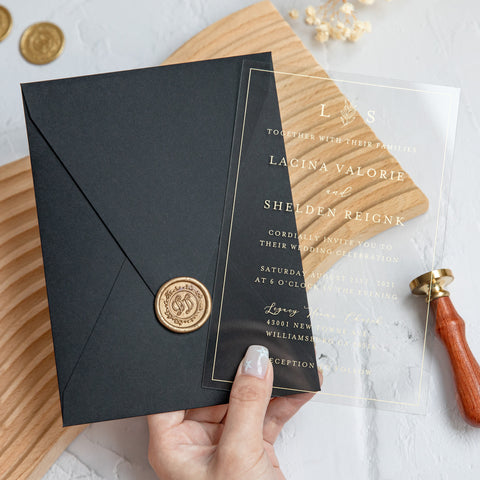 NingsPaper 1mm/0.04'' Foil Print in Gold Clear Acrylic Wedding Invitation Cards and Black Envelopes