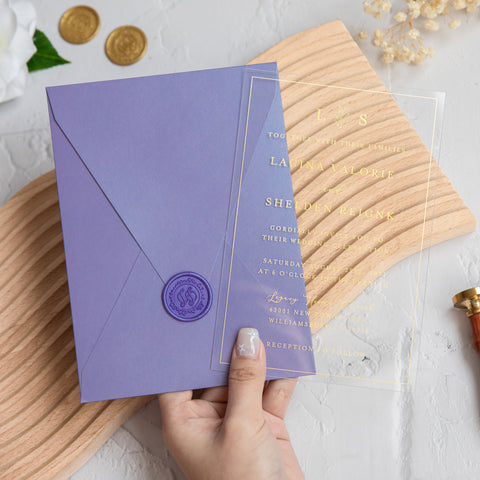 NingsPaper 1mm/0.04'' Foil Print in Gold Clear Acrylic Wedding Invitation Cards and Lilac Envelopes