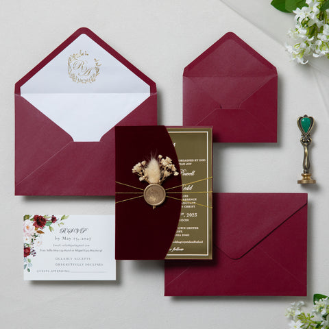 NingsPaper Burgundy Velvet Wedding Invitation Suite