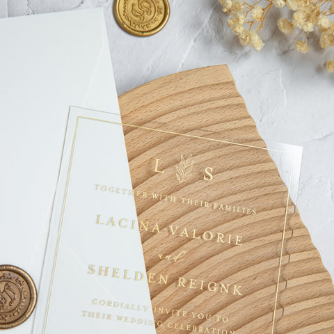 NingsPaper 1mm/0.04'' Foil Print in Gold Clear Acrylic Wedding Invitation Cards and Ivory Envelopes
