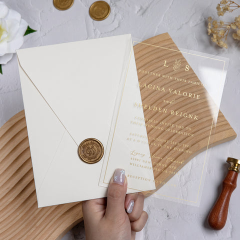 NingsPaper 1mm/0.04'' Foil Print in Gold Clear Acrylic Wedding Invitation Cards and Shiny Ivory Envelopes