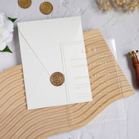 NingsPaper 1mm/0.04'' Foil Print in Gold Clear Acrylic Wedding Invitation Cards and Shiny Ivory Envelopes