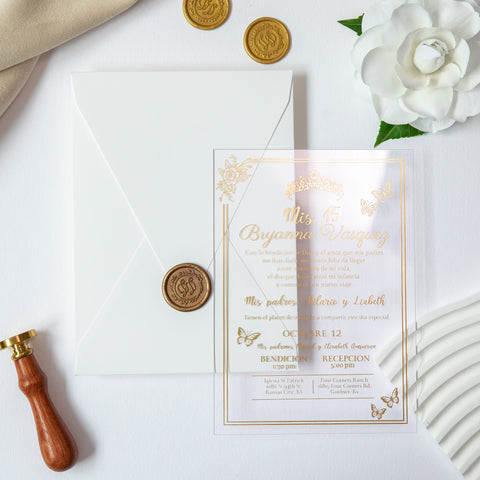 NingsPaper 1mm/0.04'' Foil Print in Gold Clear Acrylic  Quinceanera Invitation Cards  and Ivory Envelopes