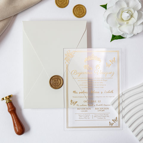 NingsPaper 1mm/0.04'' Foil Print in Gold Clear Acrylic  Quinceanera Invitation Cards  and Shiny Ivory Envelopes
