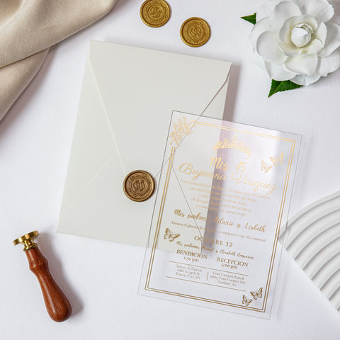 NingsPaper 1mm/0.04'' Foil Print in Gold Clear Acrylic  Quinceanera Invitation Cards  and Shiny Ivory Envelopes