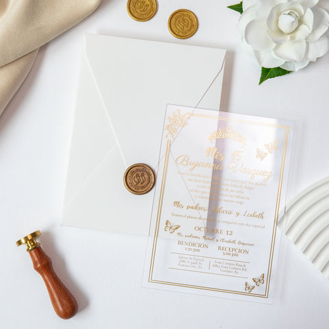NingsPaper 1mm/0.04'' Foil Print in Gold Clear Acrylic  Quinceanera Invitation Cards  and Ivory Envelopes