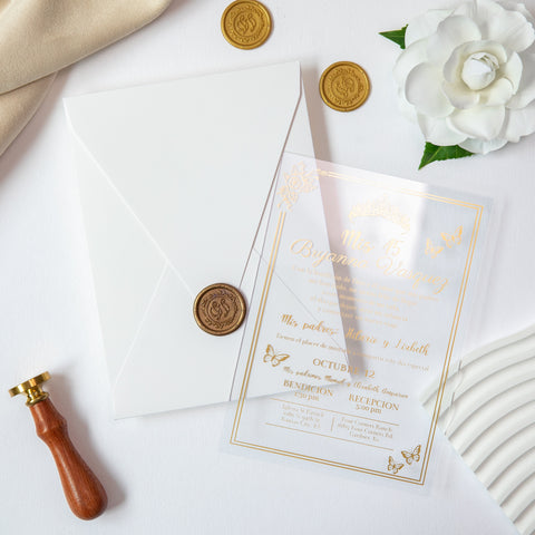 NingsPaper 1mm/0.04'' Foil Print in Gold Clear Acrylic  Quinceanera Invitation Cards  and Ivory Envelopes