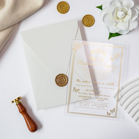 NingsPaper 1mm/0.04'' Foil Print in Gold Clear Acrylic  Quinceanera Invitation Cards  and Shiny Ivory Envelopes