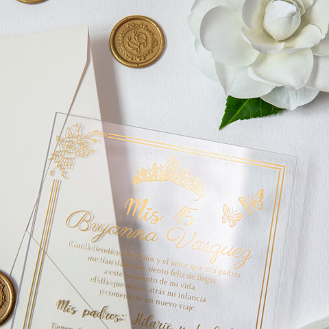 NingsPaper 1mm/0.04'' Foil Print in Gold Clear Acrylic  Quinceanera Invitation Cards  and Shiny Ivory Envelopes