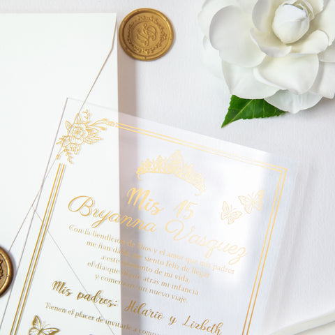 NingsPaper 1mm/0.04'' Foil Print in Gold Clear Acrylic  Quinceanera Invitation Cards  and Ivory Envelopes