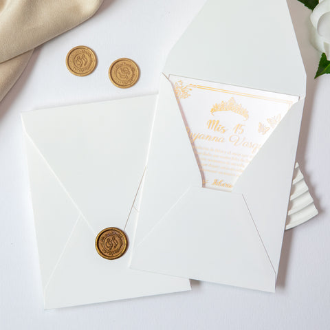 NingsPaper 1mm/0.04'' Foil Print in Gold Clear Acrylic  Quinceanera Invitation Cards  and Ivory Envelopes