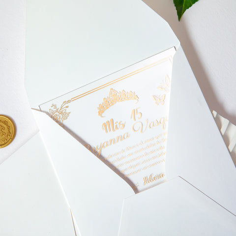NingsPaper 1mm/0.04'' Foil Print in Gold Clear Acrylic  Quinceanera Invitation Cards  and Ivory Envelopes