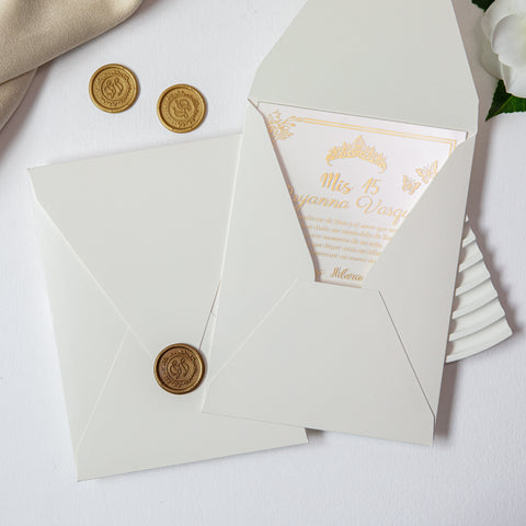 NingsPaper 1mm/0.04'' Foil Print in Gold Clear Acrylic  Quinceanera Invitation Cards  and Shiny Ivory Envelopes