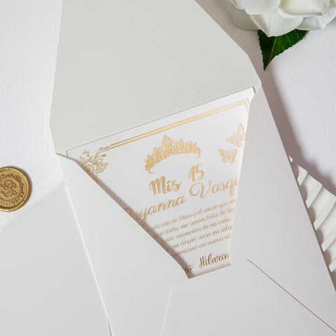 NingsPaper 1mm/0.04'' Foil Print in Gold Clear Acrylic  Quinceanera Invitation Cards  and Shiny Ivory Envelopes