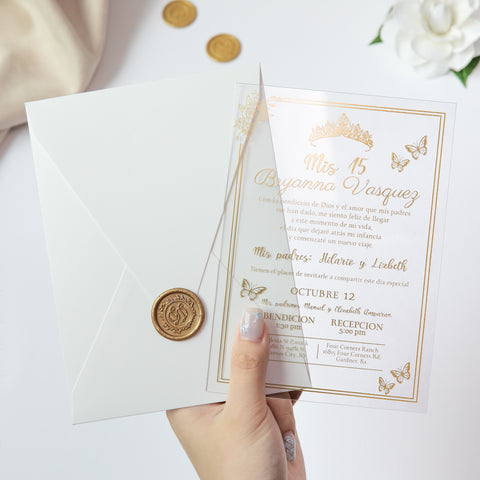NingsPaper 1mm/0.04'' Foil Print in Gold Clear Acrylic  Quinceanera Invitation Cards  and Ivory Envelopes