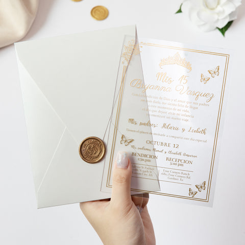 NingsPaper 1mm/0.04'' Foil Print in Gold Clear Acrylic  Quinceanera Invitation Cards  and Shiny Ivory Envelopes