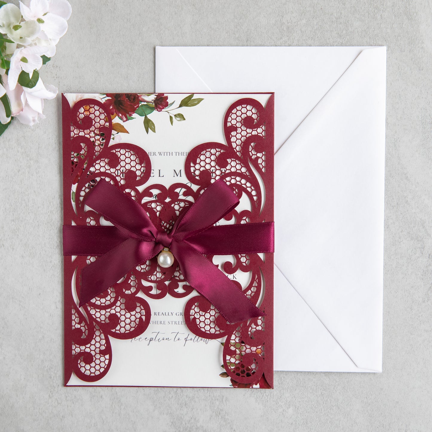 NingsPaper Burgundy Laser Cut Invitation Cards with Ribbons and Rhinestone Pearls