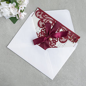 NingsPaper Burgundy Laser Cut Invitation Cards with Ribbons and Rhinestone Pearls