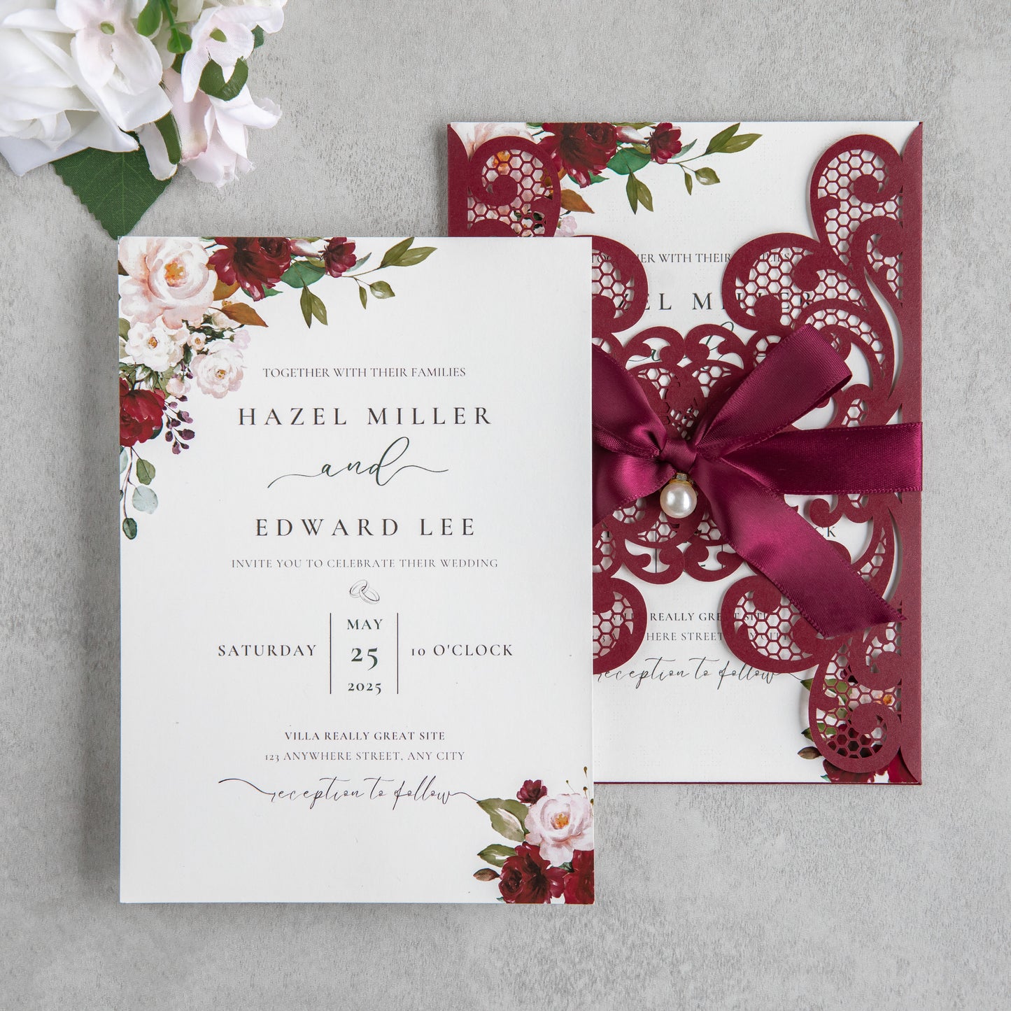 NingsPaper Burgundy Laser Cut Invitation Cards with Ribbons and Rhinestone Pearls