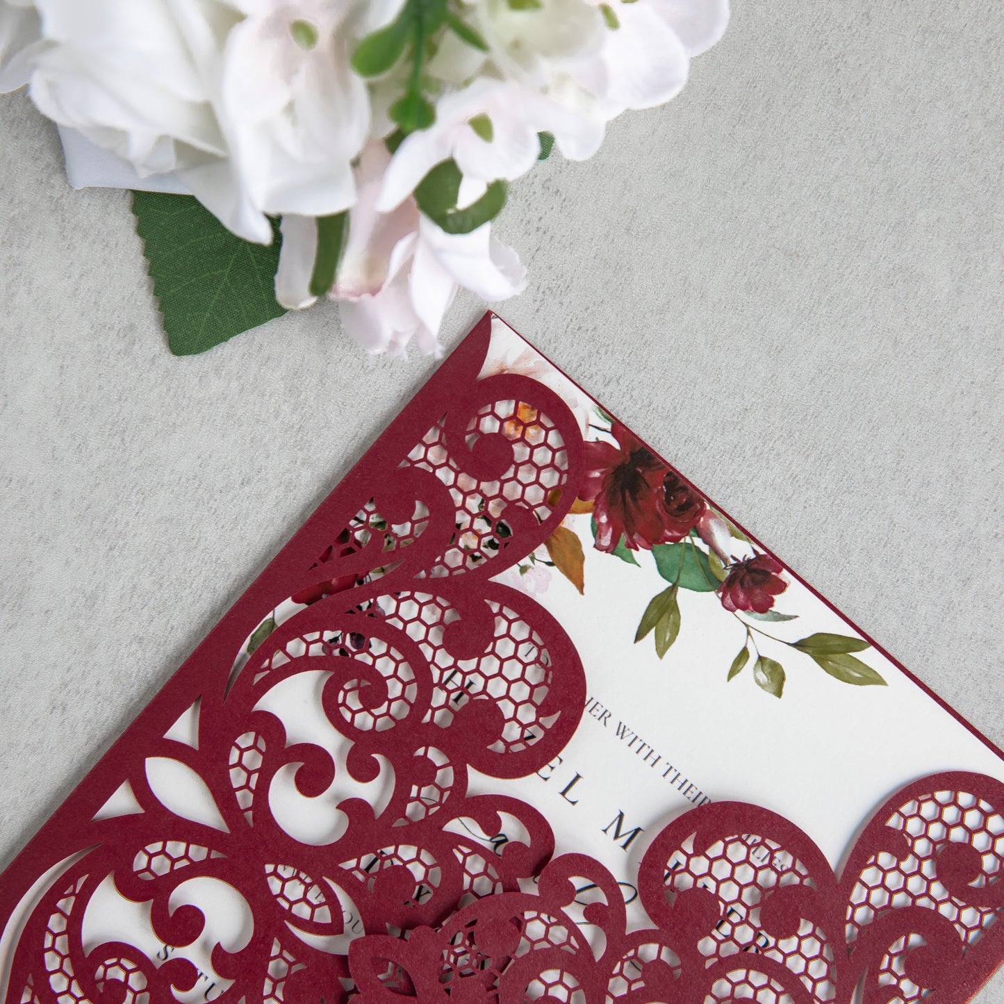 NingsPaper Burgundy Laser Cut Invitation Cards with Ribbons and Rhinestone Pearls