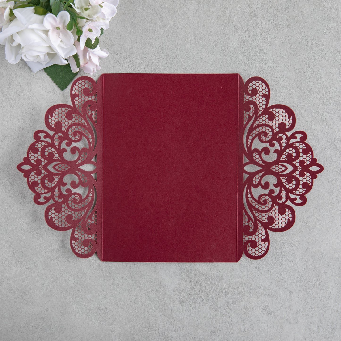 NingsPaper Burgundy Laser Cut Invitation Cards with Ribbons and Rhinestone Pearls