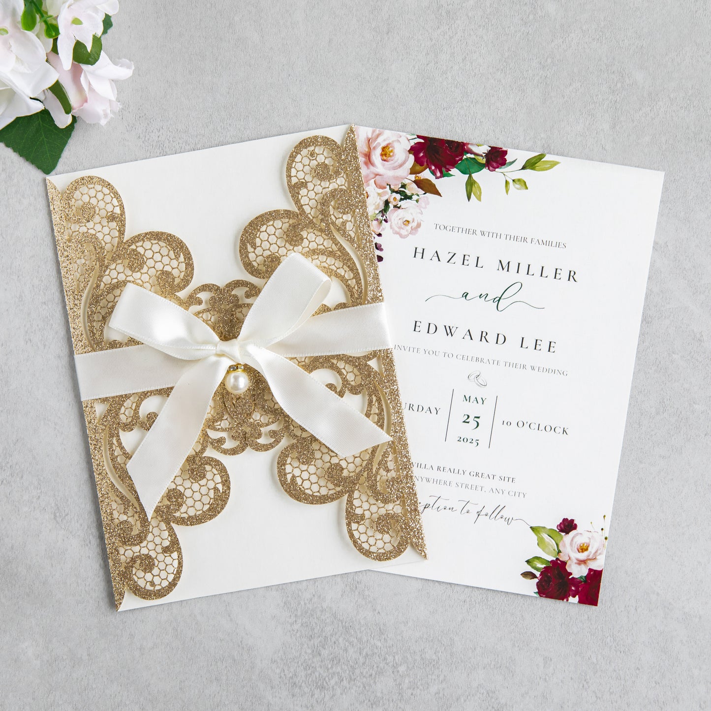 NingsPaper Rose Gold Laser Cut Invitation Cards with Ribbons and Rhinestone Pearls